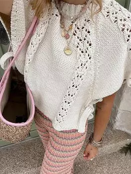 Вязаный ажурный топ, женская футболка с круглым вырезом на шнуровке и короткими рукавами, летняя женская футболка для отпуска M белый
