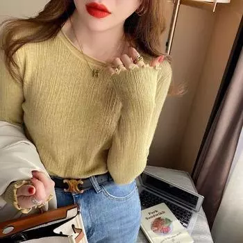 Вязаный базовый свитер с длинными рукавами, осенне-зимний приталенный свитер с круглым вырезом и верхом из грибовидной кромки для женщин S
