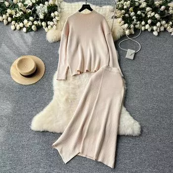 Вязаный базовый свободный комплект из 2 предметов, женский трикотажный пуловер с полувысоким воротником и юбкой с высокой талией, облегающий, нестандартный, шикарный комплект из свитера One Size чёрный