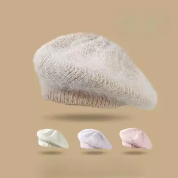 Вязаный берет из шерсти ангорского кролика на осень-зиму, толстая теплая универсальная шапка для детей, которая будет выглядеть маленькой One size
