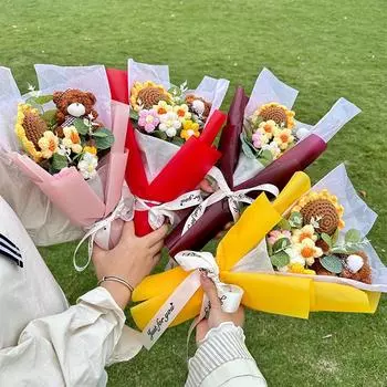 Вязаный букет, креативный вязаный крючком пуф, выпускной сезон, подсолнух, украшение, несколько цветов, ручная работа, подарочные аксессуары красный