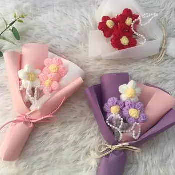 Вязаный цветок Маленький букет Искусственный мини-букет из 3 цветов 3 Слоеных цветочных букета красный