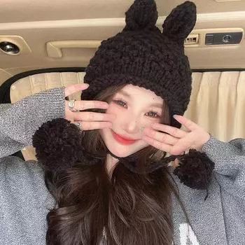 Вязаный головной убор Ранняя осень кроличьи ушки Милая шерстяная шапочка Универсальная действующая милая шапка с ушками M56-58cm