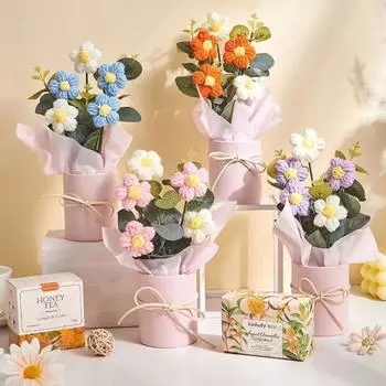 Вязаный искусственный цветочный букет ручной работы Искусственный цветок Горшечное растение День учителя синий