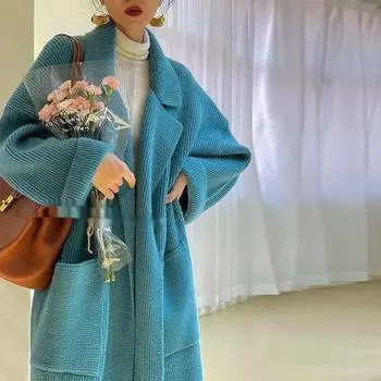 Вязаный кардиган, длинный свитер, пальто для женщин с поясом, осень-зима, свободный повседневный женский кардиган с большим карманом, элегантные пальто One Size синий