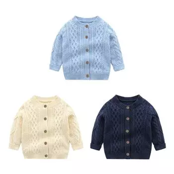 Вязаный кардиган для младенцев, свитер с длинными рукавами и пуговицами, теплое пальто 80