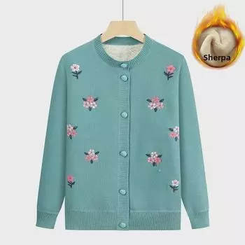 Вязаный кардиган из бархата для женщин среднего и пожилого возраста - свитер с круглым вырезом на осень/зиму