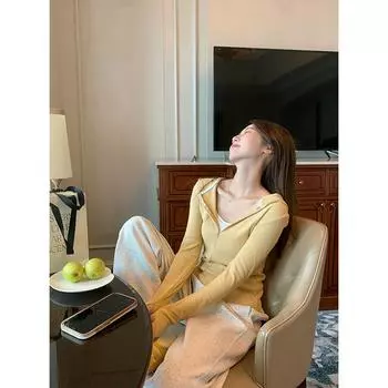 Вязаный кардиган из бархата с начесом и застежкой-молнией, длинное женское пальто, облегающий крой, осень-зима, новый стиль, уникальный и шикарный, маленький топ S