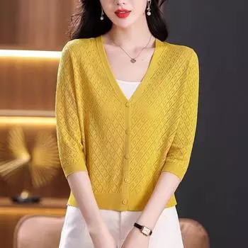 Вязаный кардиган из ледяного шелка, новинка 2024 года, летняя куртка с солнцезащитным кремом, кондиционером, рубашка, блузка, тонкая шаль One size белый