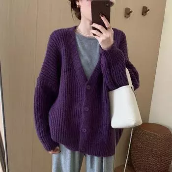 Вязаный кардиган из толстой пряжи, офисный, свободного ленивого стиля, повседневный свитер-пальто, элегантный фиолетовый с V-образным вырезом, шаль, верхняя одежда S