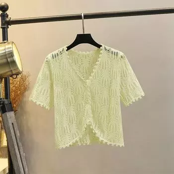 Вязаный кардиган из тонкого ледяного шелка с вырезами, маленькая шаль Fruit Green M