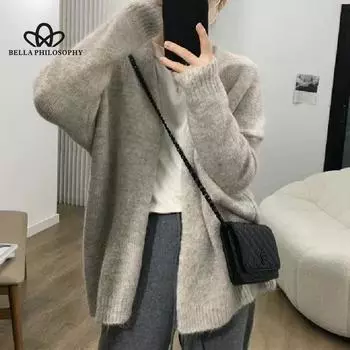 Вязаный кардиган, куртка женская, однотонная, с V-образным вырезом, большая версия свободного свитера средней длины, осенний свитер one size