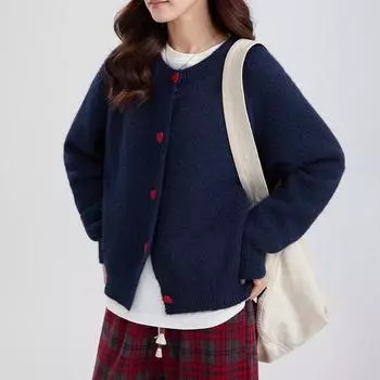 Вязаный кардиган Love Buckle для женщин, осень-зима, корейская версия, свободный круглый вырез, мягкий вощеный свитер, куртка, топы S темно-синий