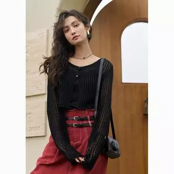 Вязаный кардиган Mishow для женщин, летняя двухсекционная блузка в корейском стиле, тонкая с круглым вырезом, Versatitle, ажурная женская одежда MXC34T0057 F