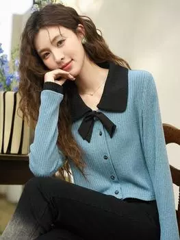 Вязаный кардиган Mishow для женщин, новинка 2024 года, с длинным рукавом и v-образным вырезом, нишевый дизайн, одежда с бантом во французском стиле, топы MXD14C0193