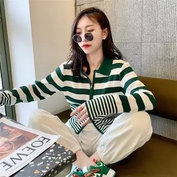 Вязаный кардиган на молнии в полоску, женский короткий осенне-зимний новый свободный кардиган с длинными рукавами, дизайнерский свитер, пальто с воротником-поло