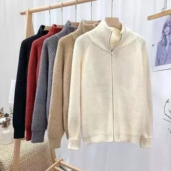 Вязаный кардиган на молнии в стиле ретро, женский свитер, осенне-зимняя свободная верхняя одежда, свитера с отложным воротником, пальто, модные кардиганы с длинным рукавом 25310 One Size белый