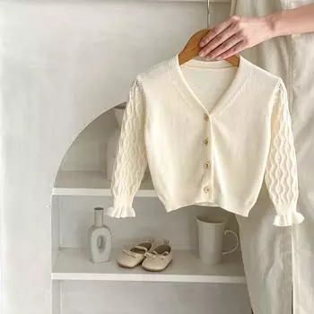 Вязаный кардиган на пуговицах для новорожденных девочек, хлопковая куртка для младенцев, вязаное пальто с v-образным вырезом, повседневная однотонная детская одежда bafanou 83338 66cm(3-6M) бежевый