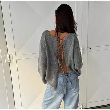 Вязаный кардиган на шнуровке для женщин, повседневный топ с длинными рукавами и вырезом 2024 года, свитер для поездок на работу M серый