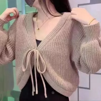 Вязаный кардиган на шнуровке для женщин, весенний свободный и универсальный свитер в нежном стиле S чёрный