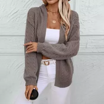 Вязаный кардиган осень-зима однотонный свободный свитер с капюшоном для женщин S кофейный