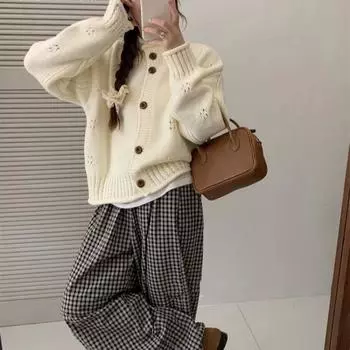 Вязаный кардиган с ажурным подвернутым краем для женщин в корейском стиле, мягкий и восковой, осенне-зимний новый стиль, нежный свитер для женщин average size зелёный