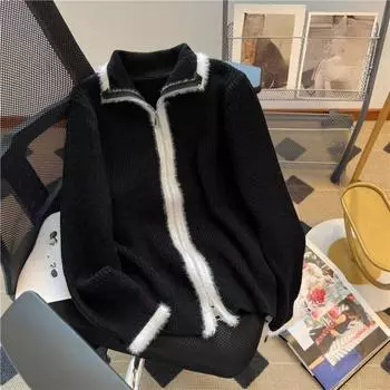 Вязаный кардиган с цветными блоками для женщин с двойной молнией, ретро-женский свитер на весну и осень, свободный повседневный короткий топ S чёрный