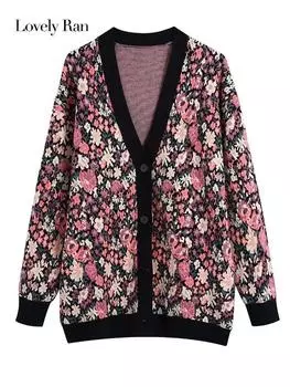 Вязаный кардиган с цветочным принтом, женский осенний однобортный женский пальто с длинным рукавом и v-образным вырезом, зимнее модное свободное повседневное теплое свитер S