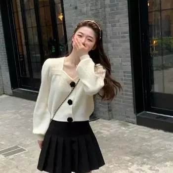 Вязаный кардиган с цветочным принтом, женский весенне-осенний свободный короткий свитер с квадратным вырезом и короткими рукавами, кардиган, женские топы One Size зелёный