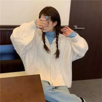 Вязаный кардиган с длинным рукавом крючком осень-зима большой размер с капюшоном твист свитер верхняя одежда женская повседневная 63cm