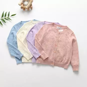Вязаный кардиган с длинными рукавами для девочек, свитер с круглым вырезом и пуговицами, детские топы 160cm бежевый
