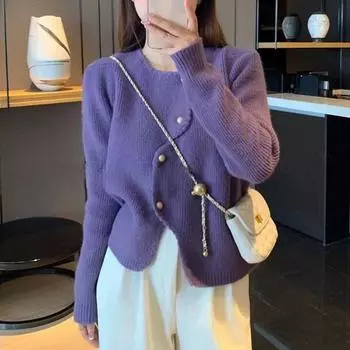 Вязаный кардиган с длинными рукавами, женский тонкий короткий дизайн, повседневный свитер с квадратным вырезом, элегантная и удобная женская одежда фиолетовый