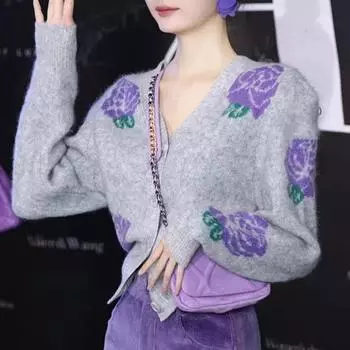 Вязаный кардиган с фиолетовым цветком, женские осенне-зимние однобортные теплые свитера для женщин, кардиганы с длинными рукавами в корейском стиле One Size серый