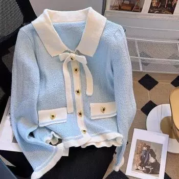 Вязаный кардиган с галстуком-бабочкой для женщин на весну и осень, новый короткий стильный свитер контрастного цвета, милый маленький ароматный свитер One Size чёрный