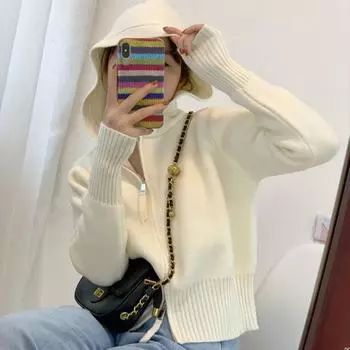 Вязаный кардиган с капюшоном для женщин, осень и зима, свободный иностранный дизайн, короткая кофта-свитер с двойной молнией, женская, удобная, универсальная, модная One size бежевый