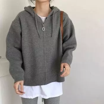 Вязаный кардиган с капюшоном на молнии, свитер, женское однотонное свободное пальто, верх One size чёрный