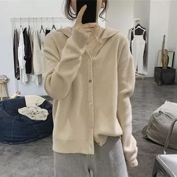 Вязаный кардиган с капюшоном, пальто для женщин, весна и осень 2023, новый свободный свитер, нижняя верхняя одежда, дизайн, кардиган, свитер, верх One Size чёрный