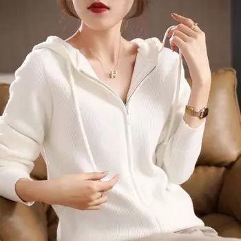 Вязаный кардиган с капюшоном, женский осенне-зимний свободный однотонный свитер с двойной молнией, корейский однотонный топ с длинными рукавами, кардиган, свитер One Size чёрный