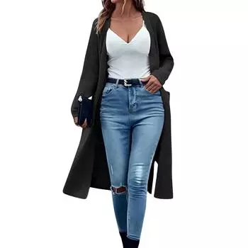 Вязаный кардиган с карманами, длинный однотонный женский свободный свитер L чёрный