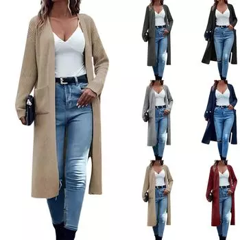 Вязаный кардиган с карманами, длинный однотонный женский свободный свитер L чёрный