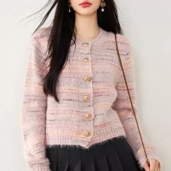 Вязаный кардиган с круглым вырезом для женщин на осень и зиму, ленивый стиль, свитер, куртка, маленький короткий топ, новый стиль S розовый