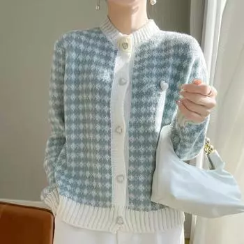 Вязаный кардиган с круглым вырезом в этническом стиле, осенне-зимний мягкий вязаный кардиган, ветровой свитер, куртка, топы в полоску M чёрный