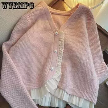 Вязаный кардиган с кружевной строчкой, женский осенне-зимний новый нежный стильный французский однотонный свитер с длинными рукавами, пальто S чёрный