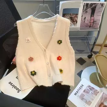 Вязаный кардиган с милым цветком, корейское издание, шикарный жилет-свитер, свободное маленькое пальто без рукавов, весенний жилет-кардиган One Size хаки