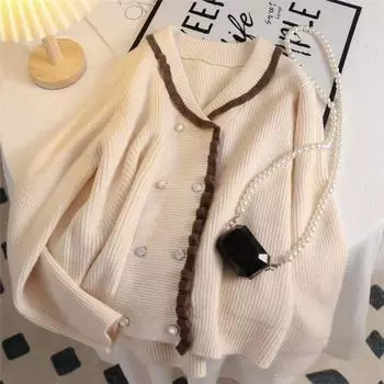 Вязаный кардиган с наложением темперамента, свитер, женский топ, весна 2023, новый повседневный модный женский кардиган с воротником-поло, пальто-свитер One Size фиолетовый