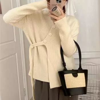 Вязаный кардиган с нерегулярной диагональной пряжкой и лентой Design Sense Модный темпераментный свитер для женщин Повседневная удобная женская одежда для поездок на работу