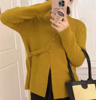 Вязаный кардиган с нерегулярной диагональной пряжкой и лентой Design Sense Модный темпераментный свитер для женщин Повседневная удобная женская одежда для поездок на работу оливковый