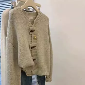 Вязаный кардиган с пуговицами-рожками в стиле ретро, женский, осенне-зимний, в ленивом стиле, короткий, из мелкой шерсти S светло-серый