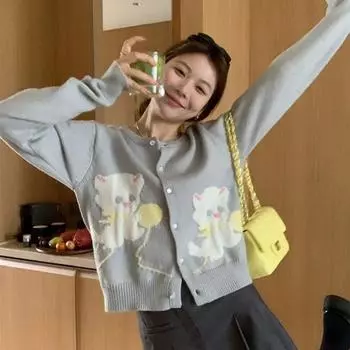 Вязаный кардиган с рисунком кота, женский свитер 2023, осень/зима, корейский свитер с длинными рукавами и милым возрастом, женское пальто