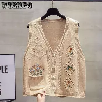 Вязаный кардиган с V-образным вырезом для женщин на весну и осень, свободный крой, верхняя одежда, свитер, жилет S хаки